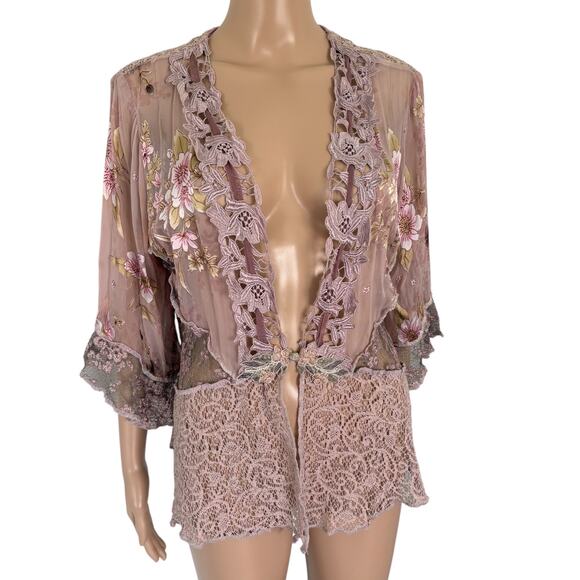 VTG Y2K Spencer Alexis Boho Sheer Floral Lace Kimono Blouse L Fairy Coquette - Picture 1 of 9